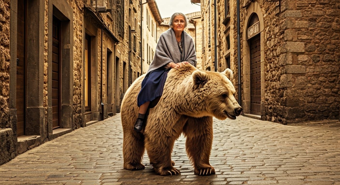 Elderly Woman Rides Bear on Cobblestone Street