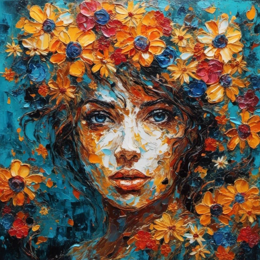 Expressionist Woman Among Flowers in Impasto Style