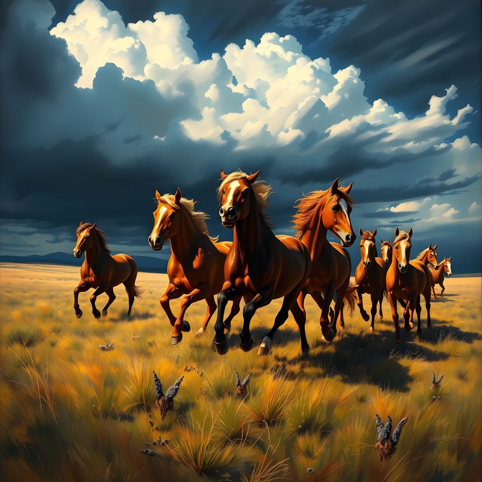 Wild Horses Run Across Cloudscape, Vintage Style