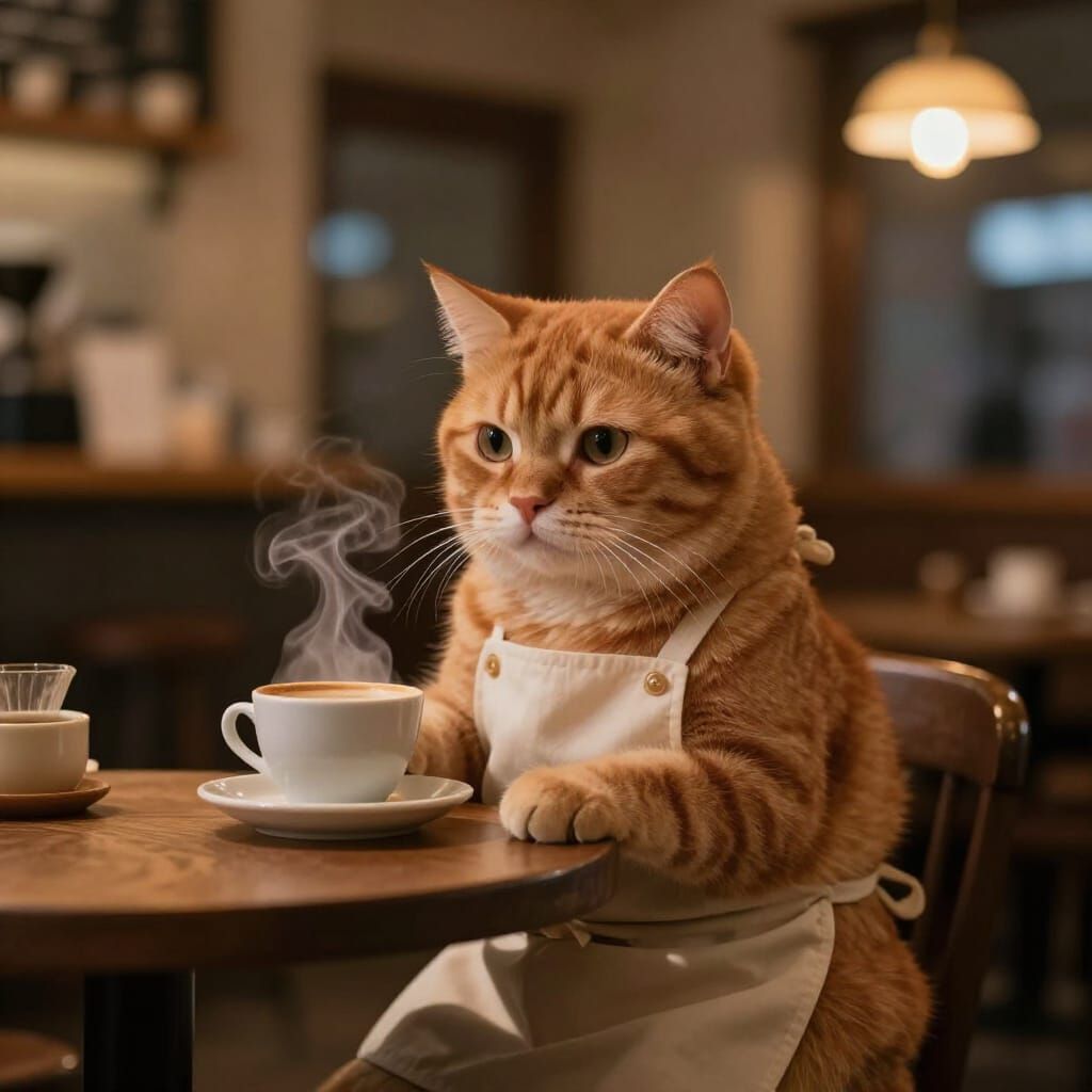 Fluffy Ginger Cat Enjoys Coffee in Cozy Night Cafe