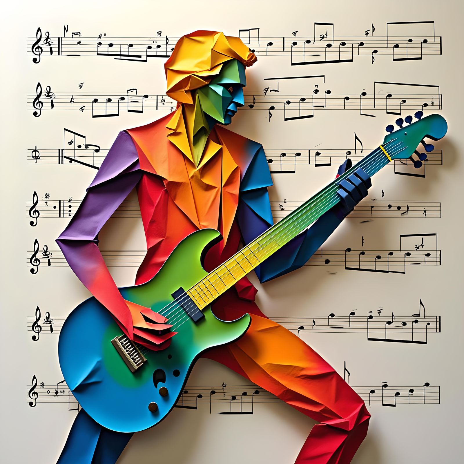 Rainbow Metal Guitarist Sculpture with Kirigami Backdrop