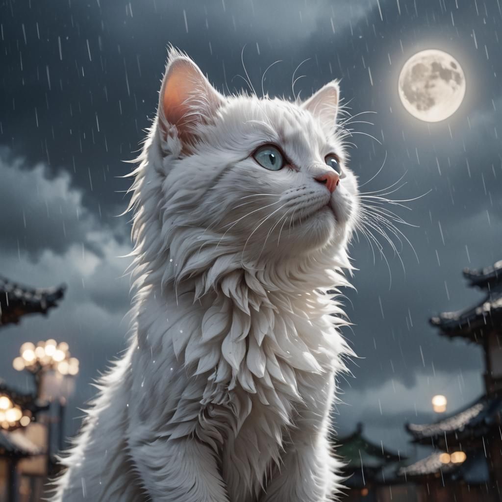 Silver Kitten in Moonlight Rain, Anime Style