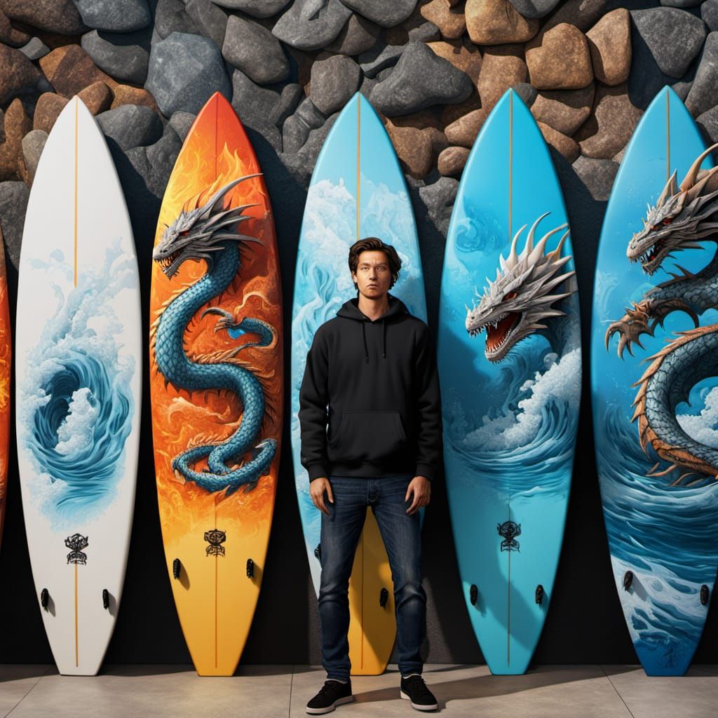 Man Contemplates Hyperrealistic Surfboard with Intricately D...