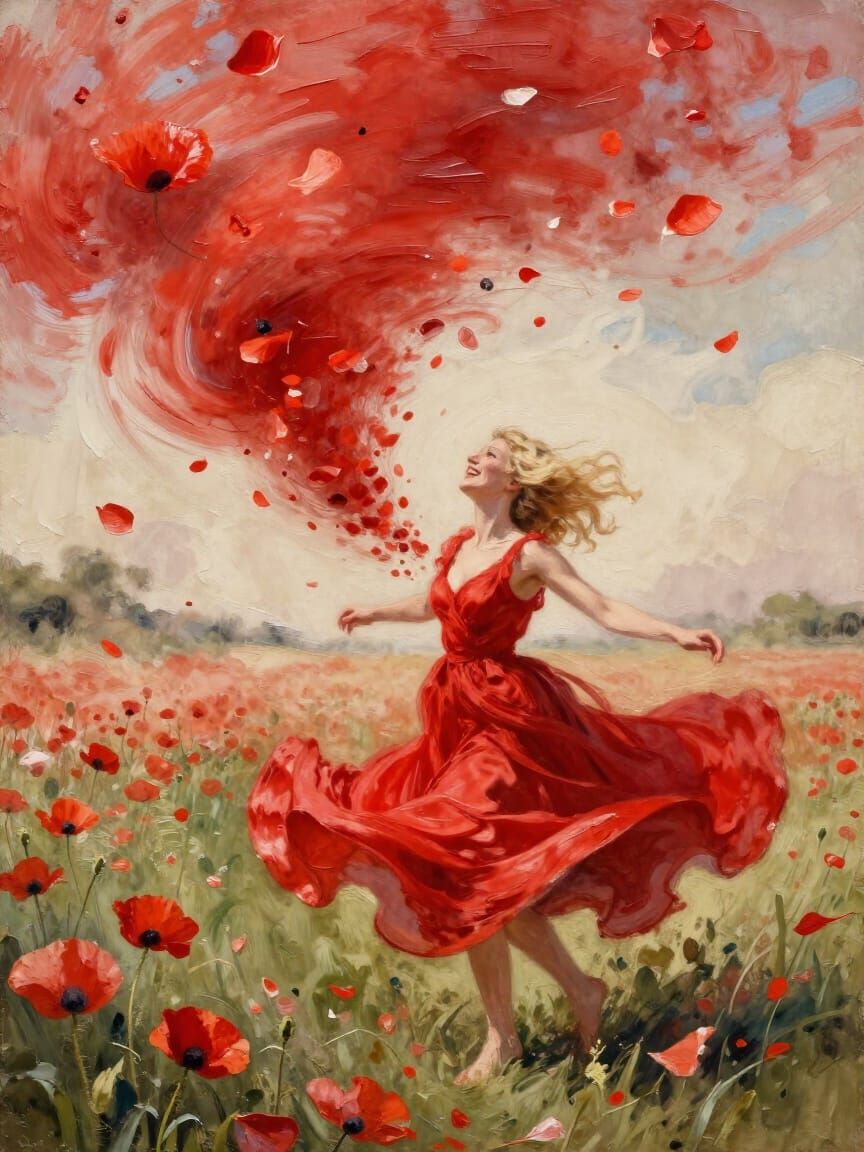 Woman's Dress Transforms into Poppy Petal Tornado