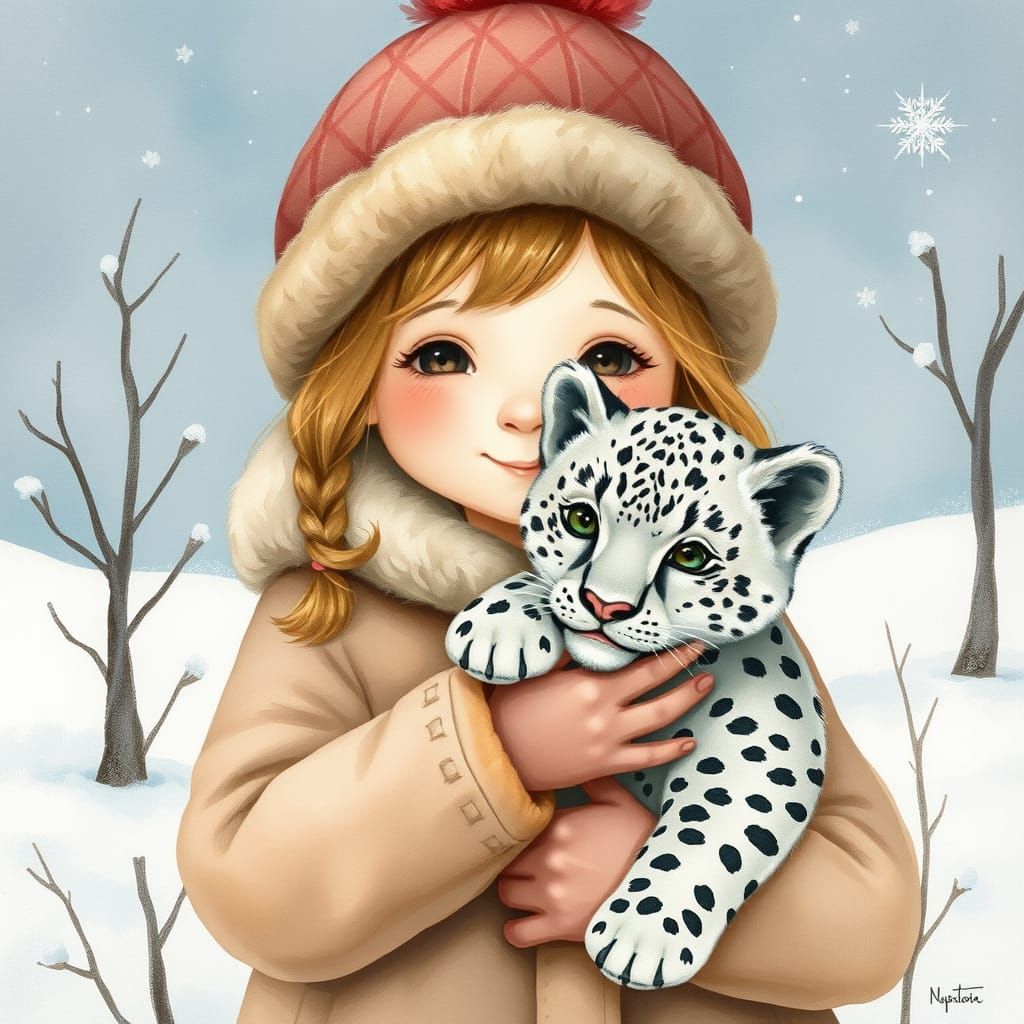 Whimsical Snow Leopard Cub and Girl in Serene Winter Wonderl...
