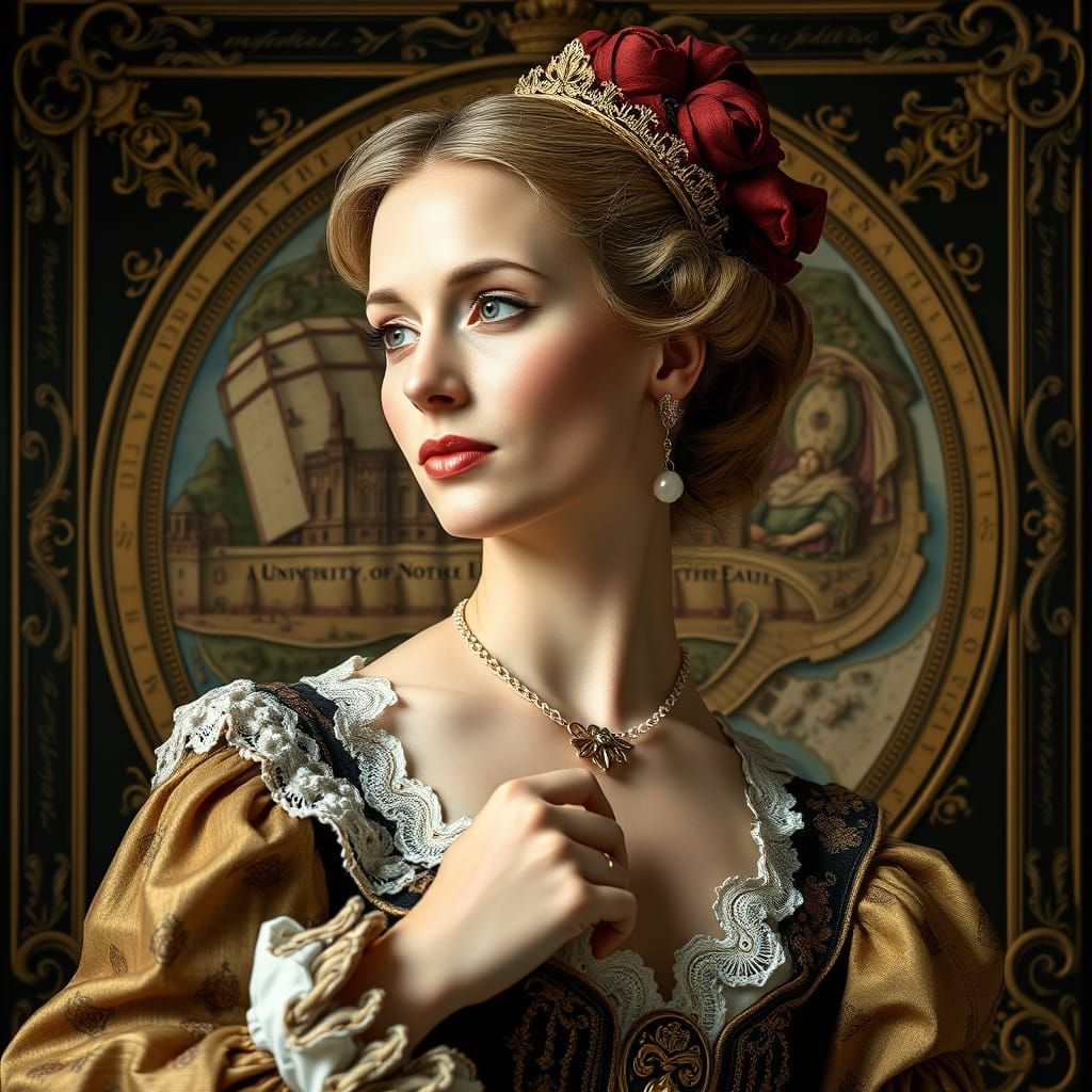 Baroque Map of Notre Dame with Woman in Attire