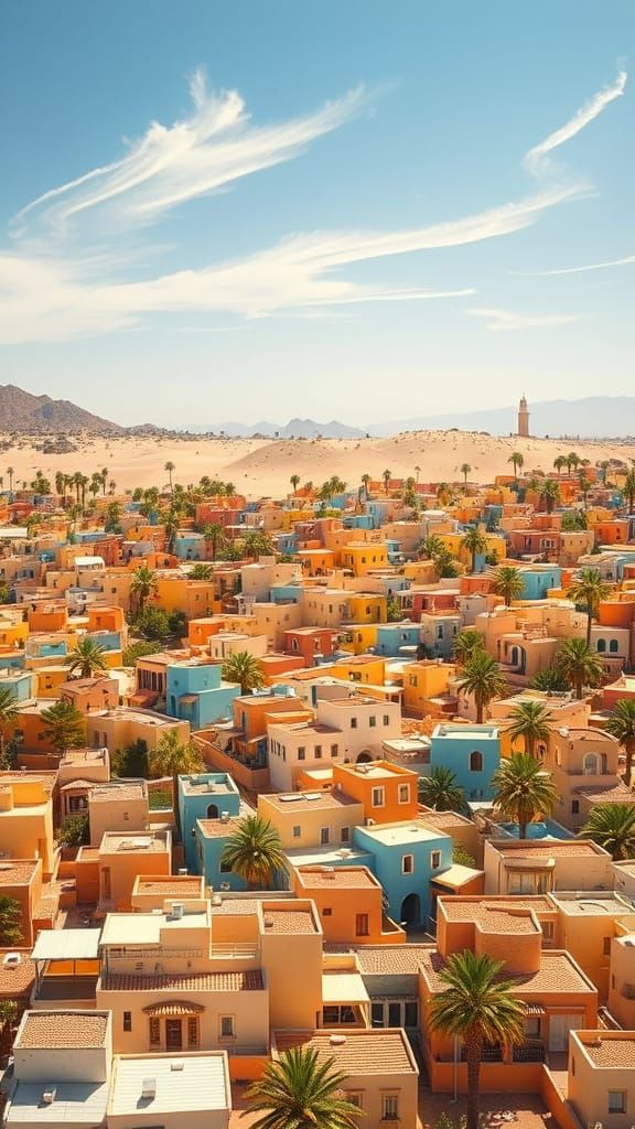Vibrant Desert Townscape in Pastel Hues and Terracotta Roofs