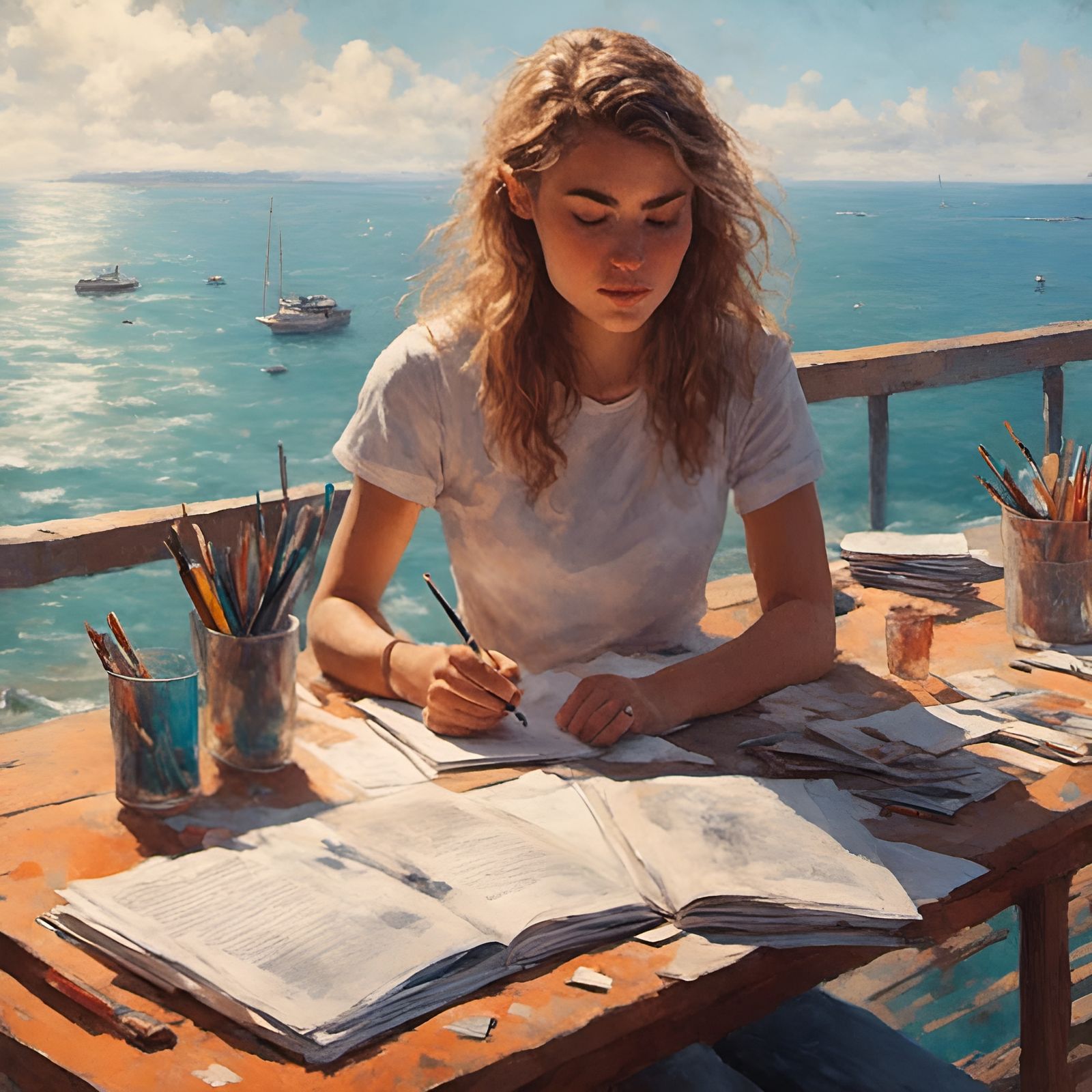 Studious Woman at Ocean Table