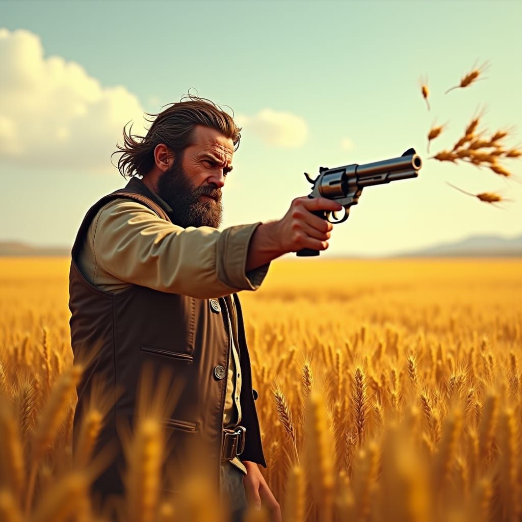 Frustrated Man Throws Gun in Wheat Field