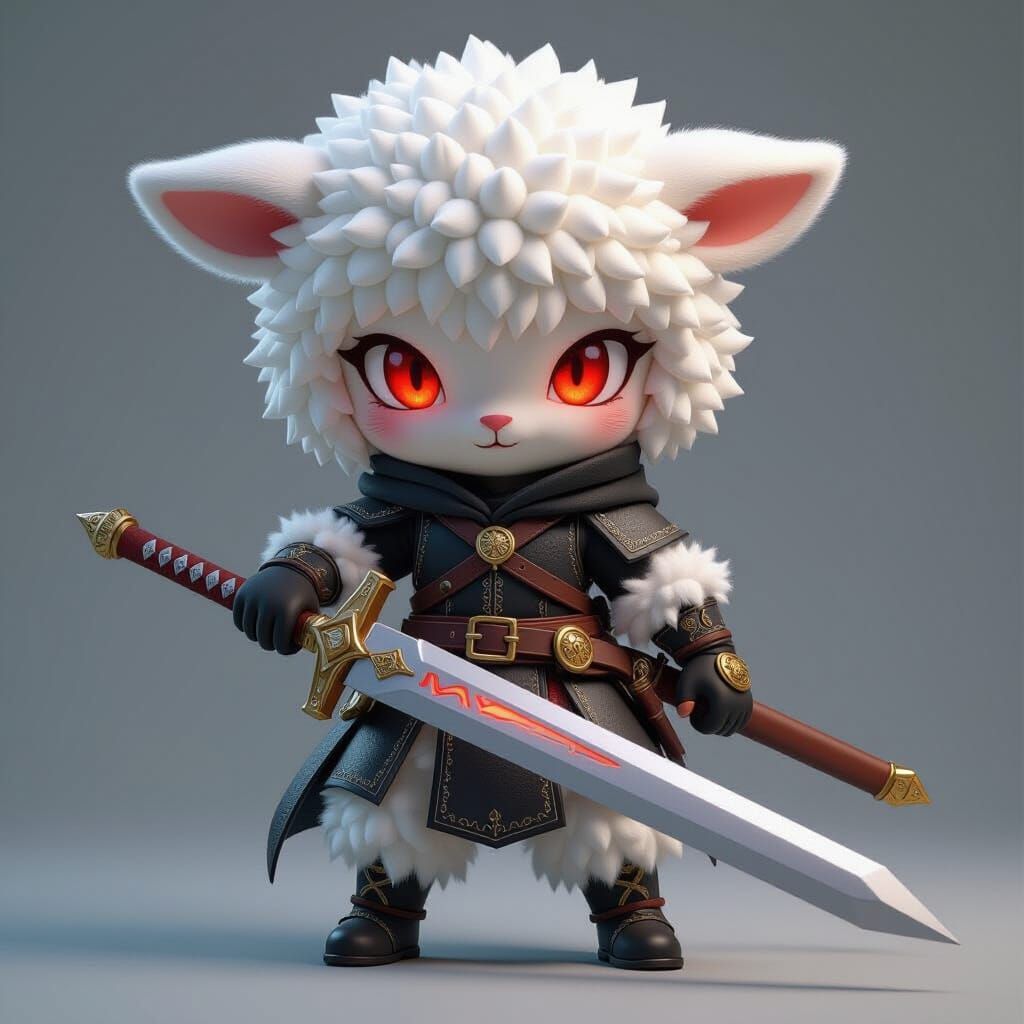 Menacing Furry Sheep Doll Warrior with Sword
