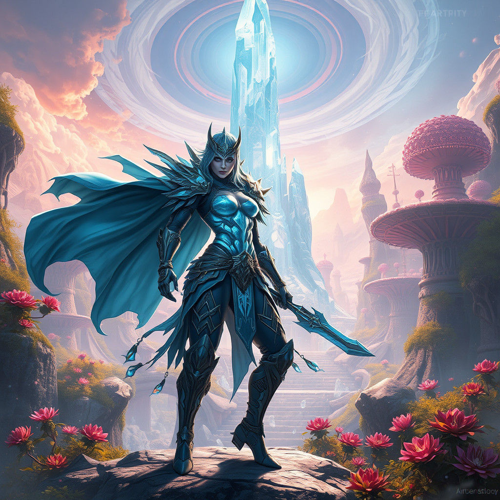 Fantasy Warrior in a Vibrant Alien Landscape