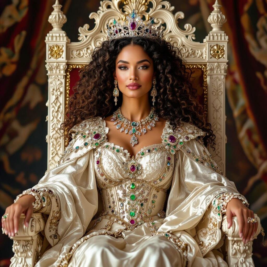 Regal Queen on Ivory Throne in Renaissance Style