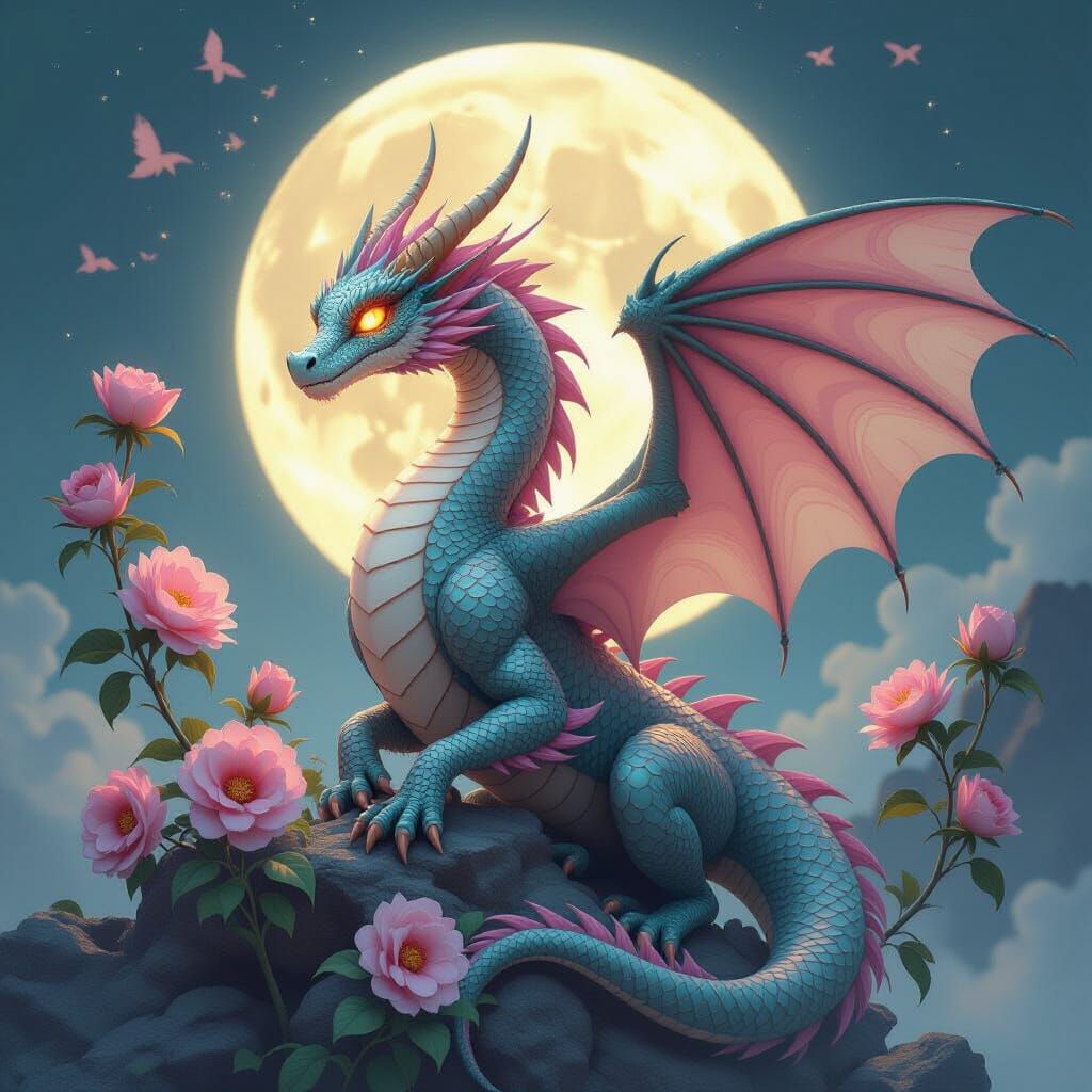Hyperrealistic Dragon with Delicate Flowers and Vines