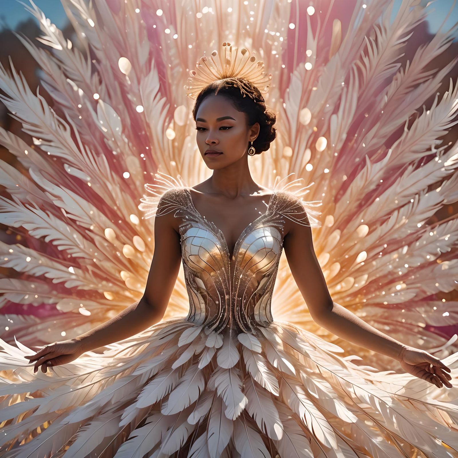 Create a young black mixed race woman in a magnificent dress...