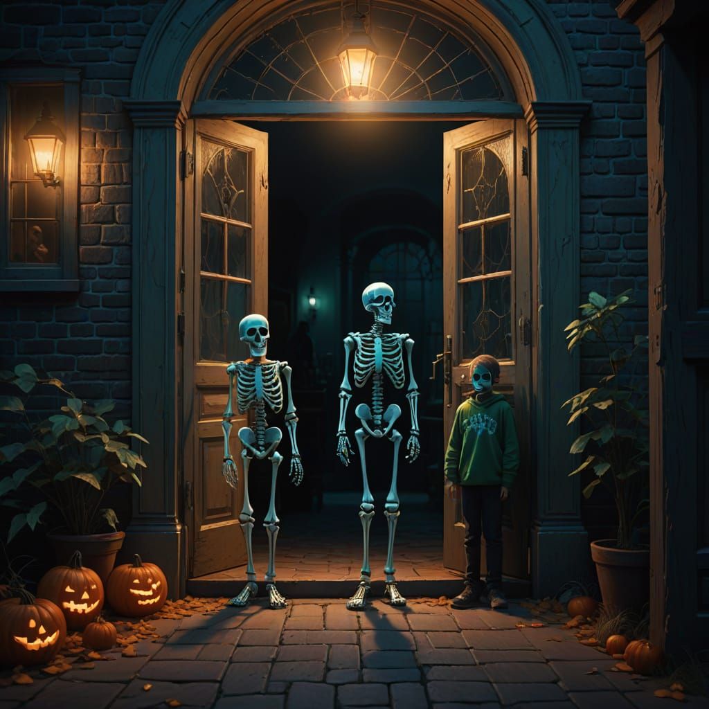 Skeleton Kids Get Candy From Ghost Oil Painting