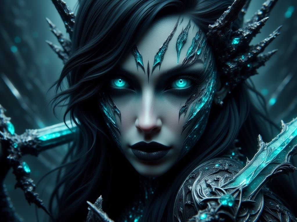 Gothic Warrior Maiden in Dark, Teal Armor