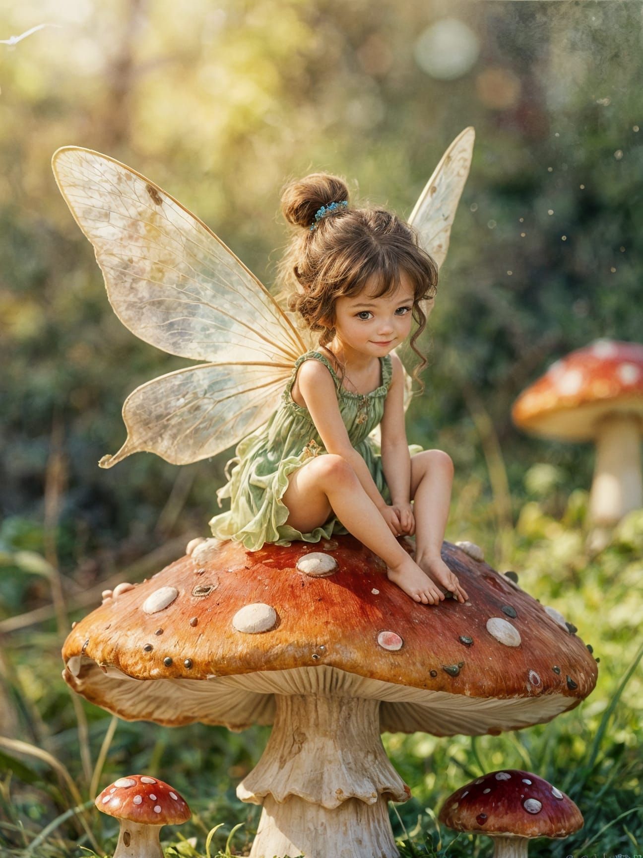 Cute Fairy on Toadstool in Ethereal Watercolour Style
