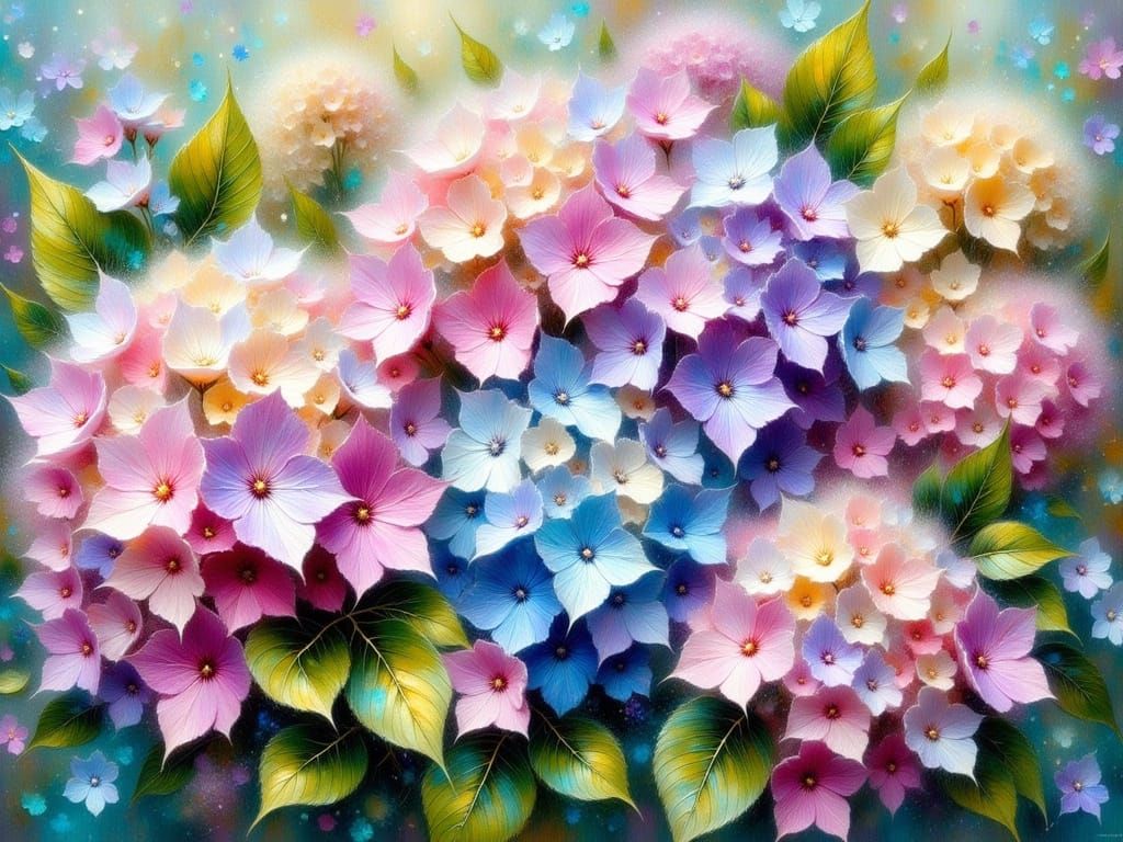 Whimsical Impasto Hydrangea Blooms in Pastel Hues