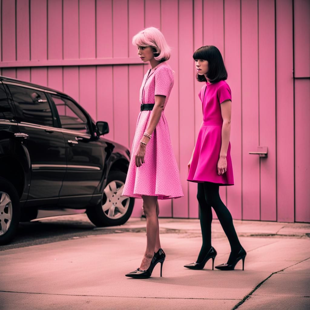 Embarrassed Teen in Pink Dress on Sidewalk