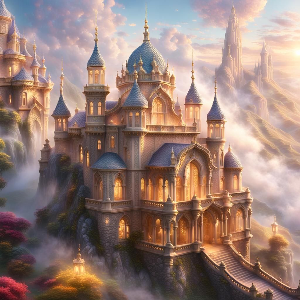 Ethereal Palace Shrouded in Mist, Hyperdetailed