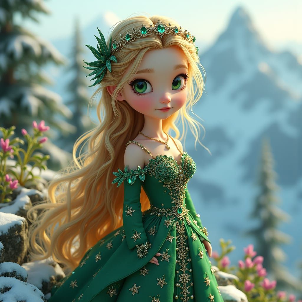 Nordic Girl in Emerald Gown on Mountain Peak