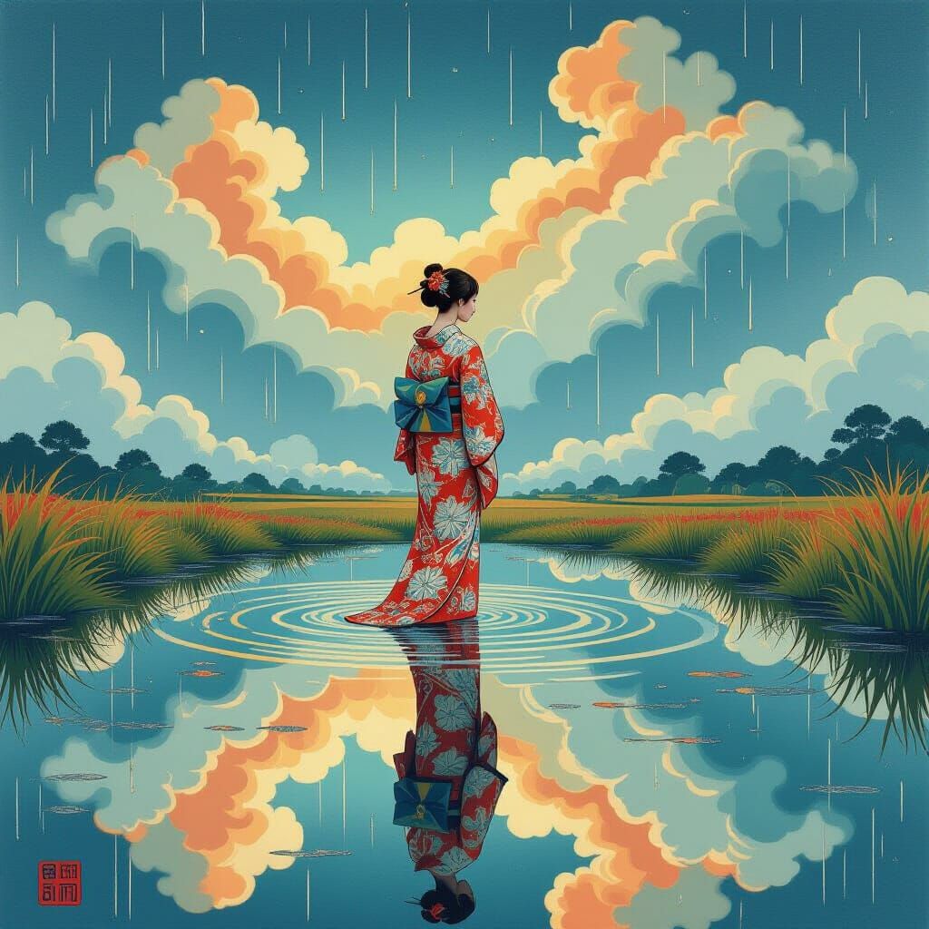 Reflective Beauty: Surreal Clouds in Ukiyo-e Style
