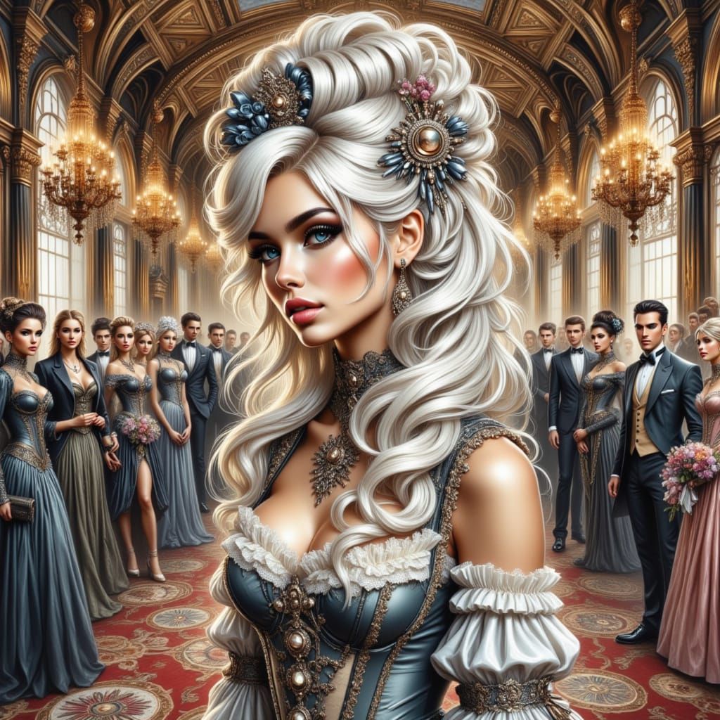 Luxurious Steampunk Girl with White Hair in Baroque Palace