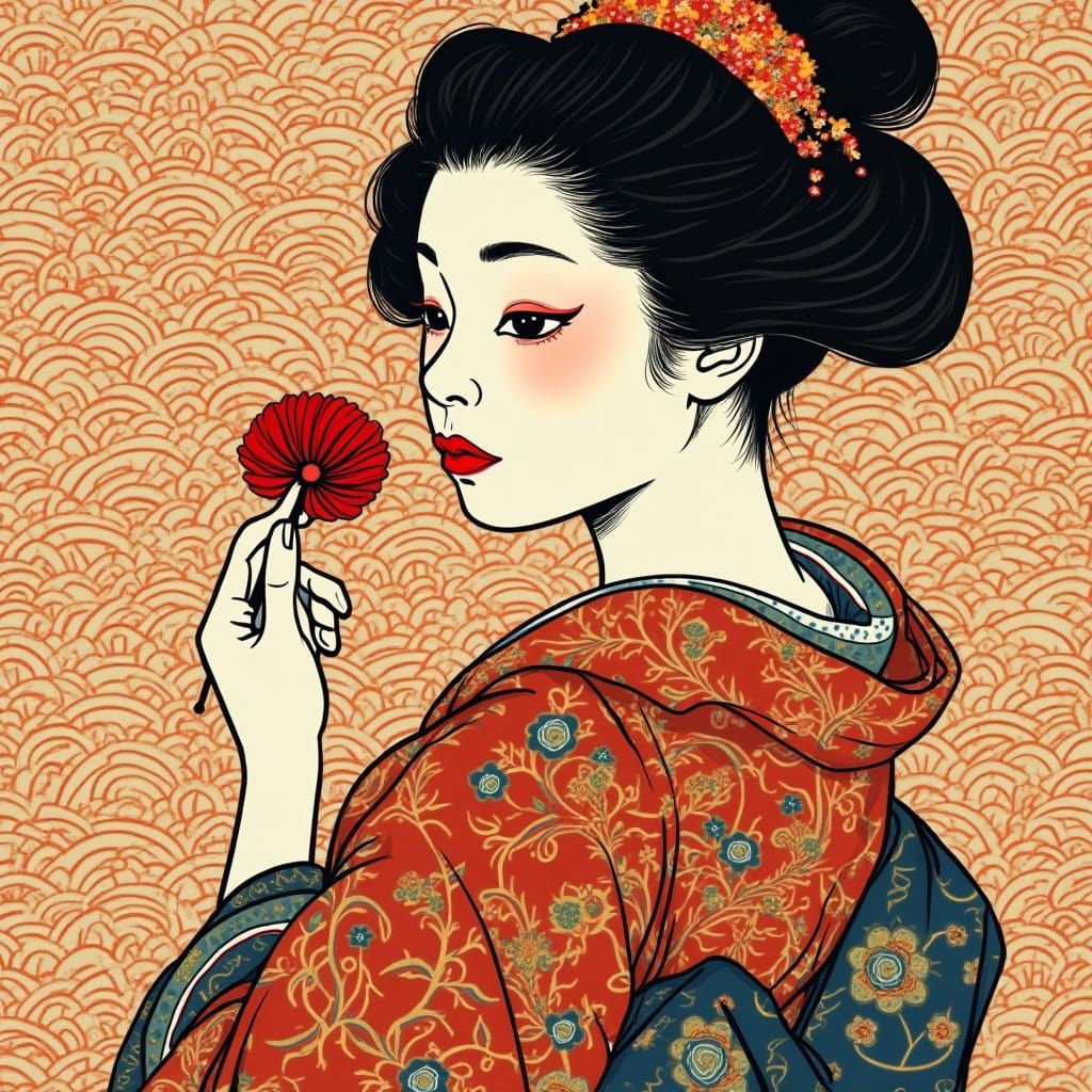 Japanese Woman in Traditional Kimono with Nature-Inspired Mo...