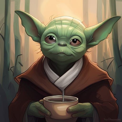 Grogu from Star Wars Sipping Tea