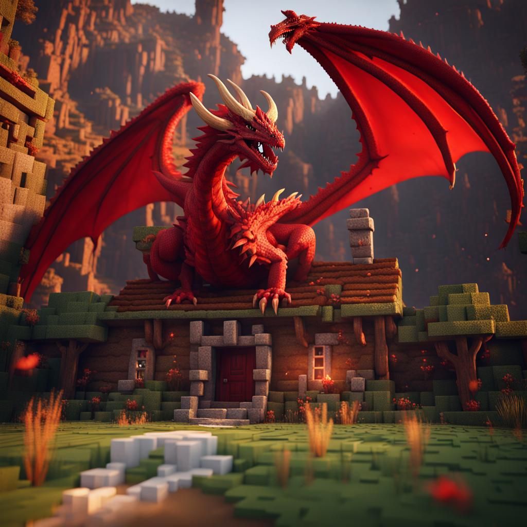 Red Dragon and Minecraft House: Fantasy Art
