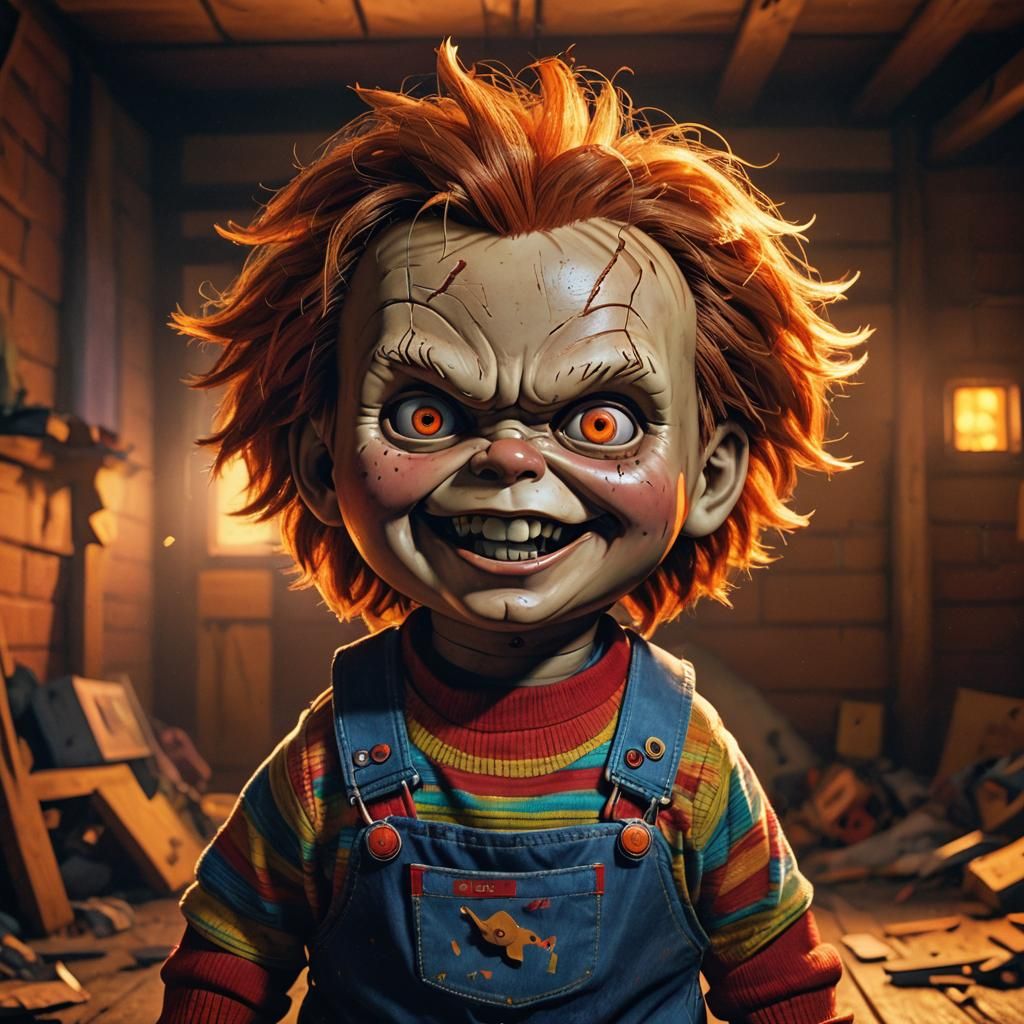 Menacing Chucky Doll Grin in Vibrant 3D Rendering