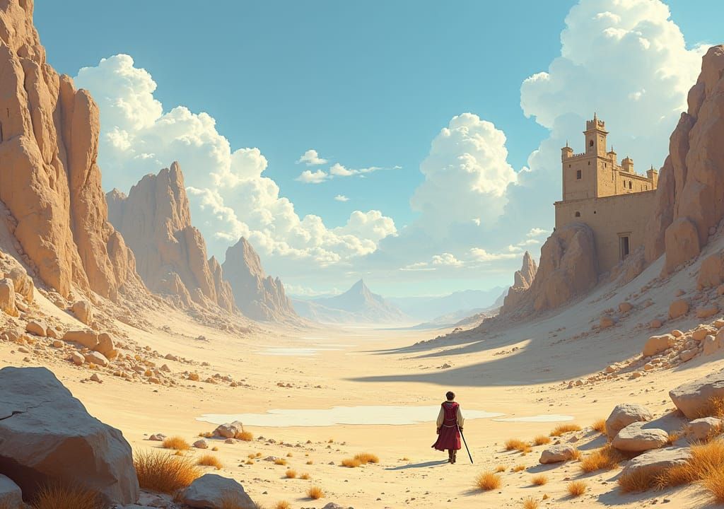 Pilgrim's Journey to Castle Ruins in Arid Landscape