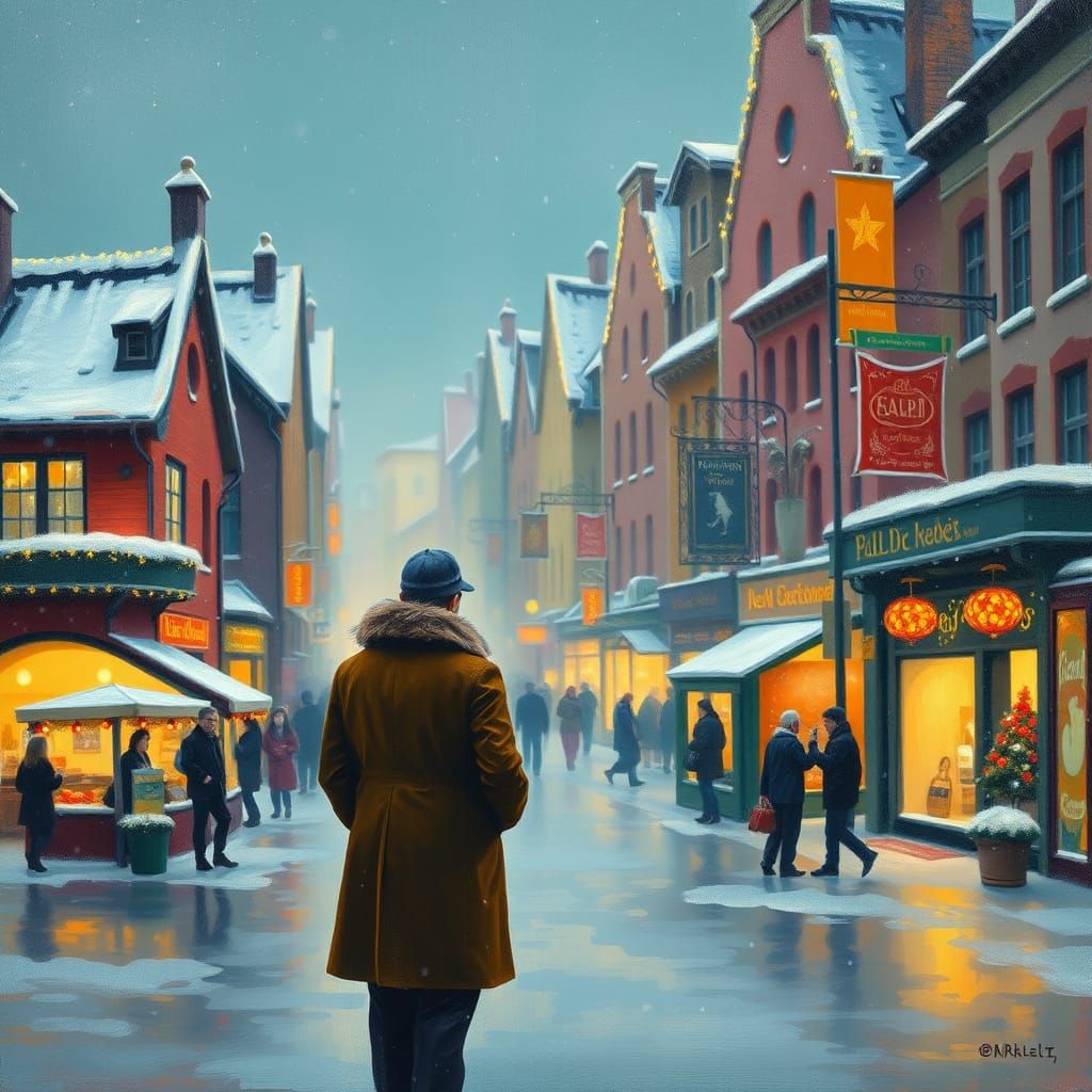 Snowy Town Square: Oil Painting in Triadic Colors