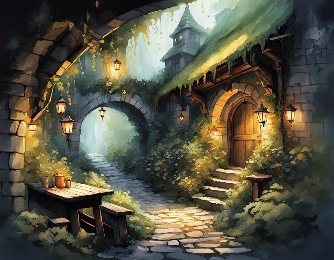Medieval Tavern with Whimsical Fairies in Watercolor