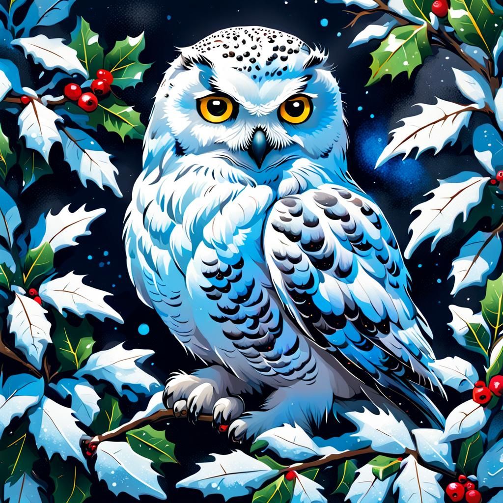 Snowy Owl Graffiti Art with Neon Holly