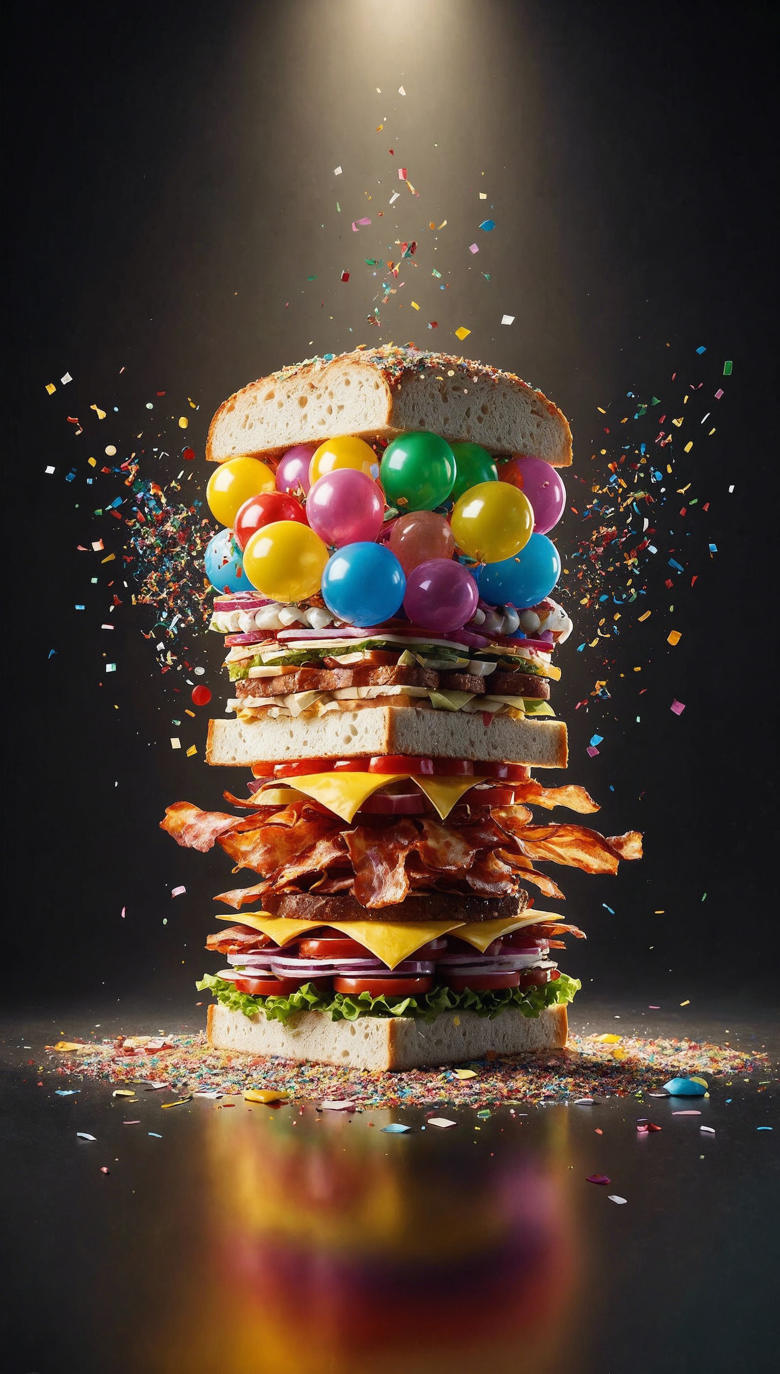Surreal Sandwich of Balloons, Confetti, and Fire