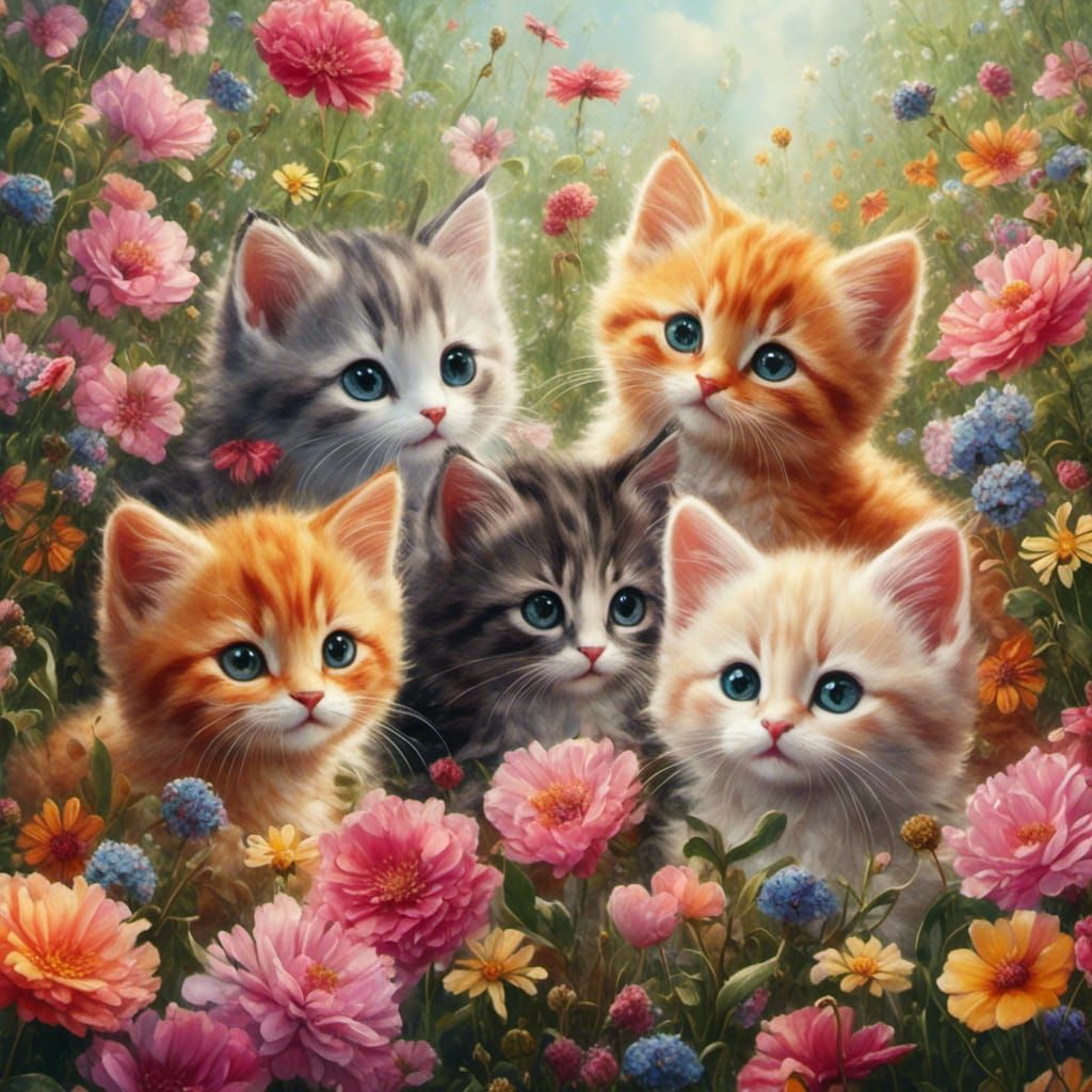 Watercolor Kittens Playing in Flower Field
