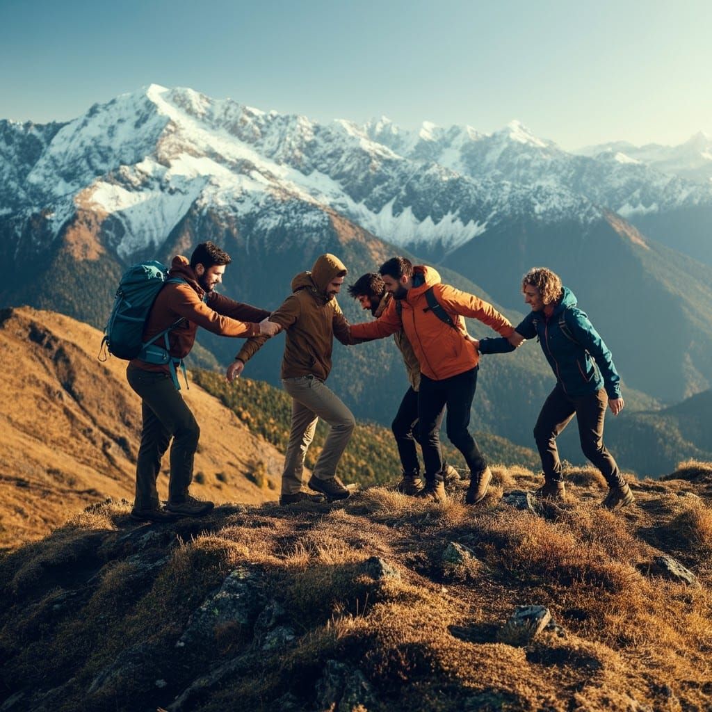 Hikers Ascending Mountain in Vibrant Landscape Style