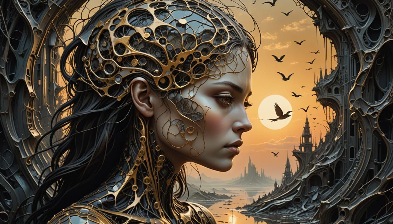 Surreal Biomechanical Goddess Embracing Transformation