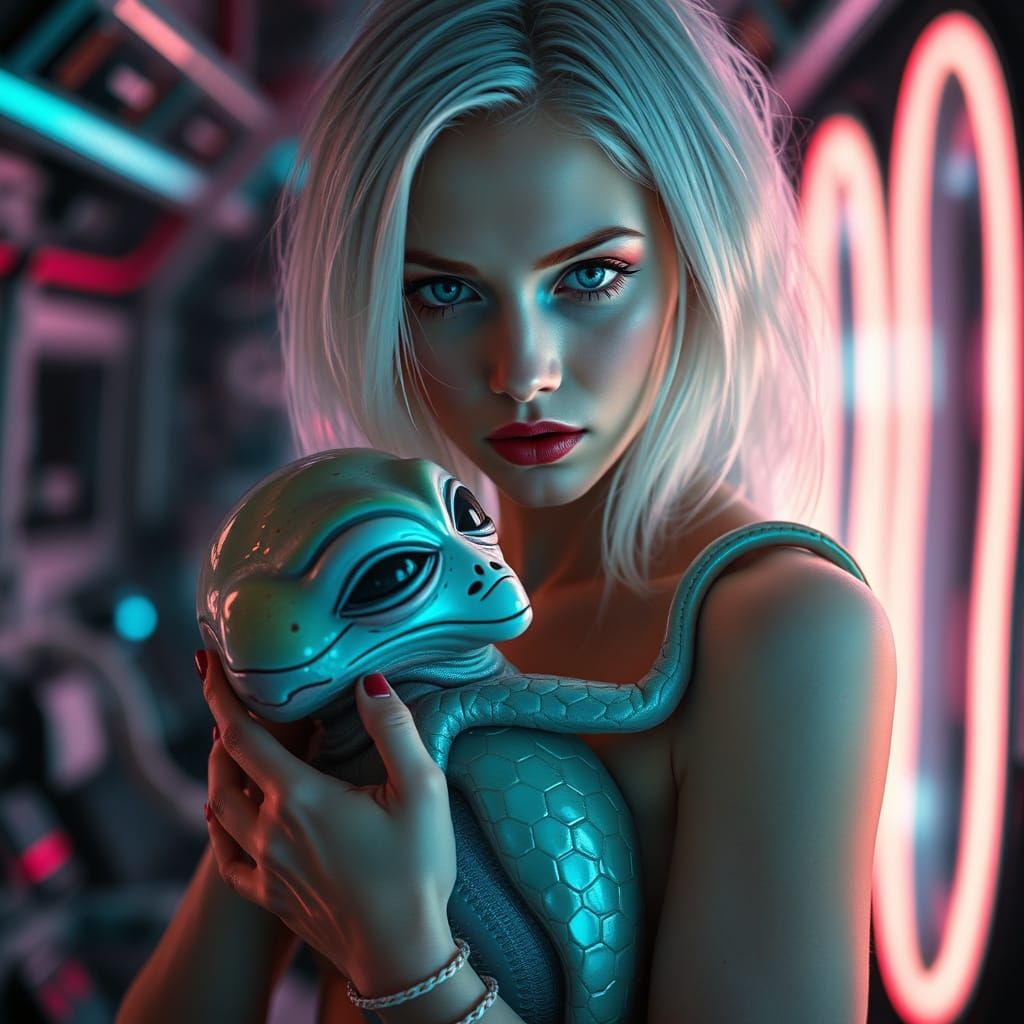 Surreal Portrait of a Woman Holding a Melting Alien