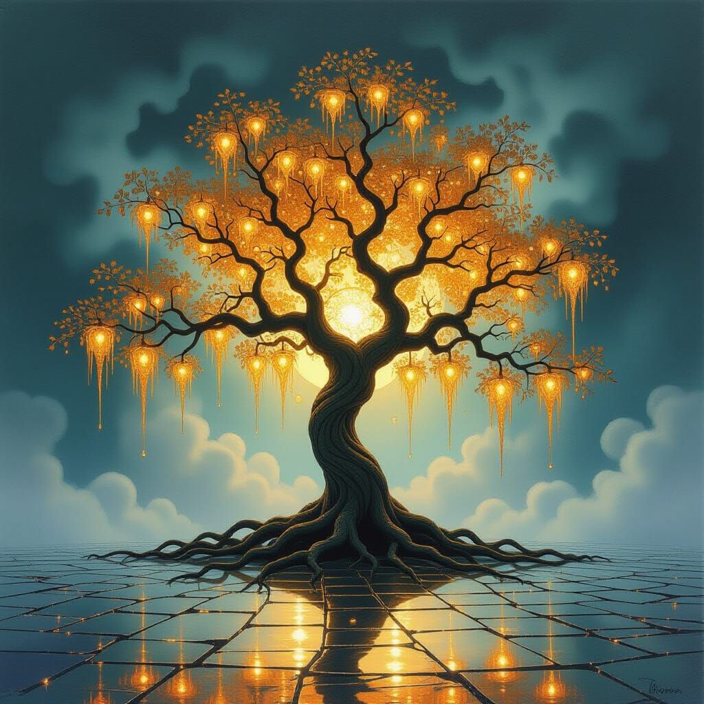 Ancient Serpent-Rooted Tree With Luminous Gold Leaves