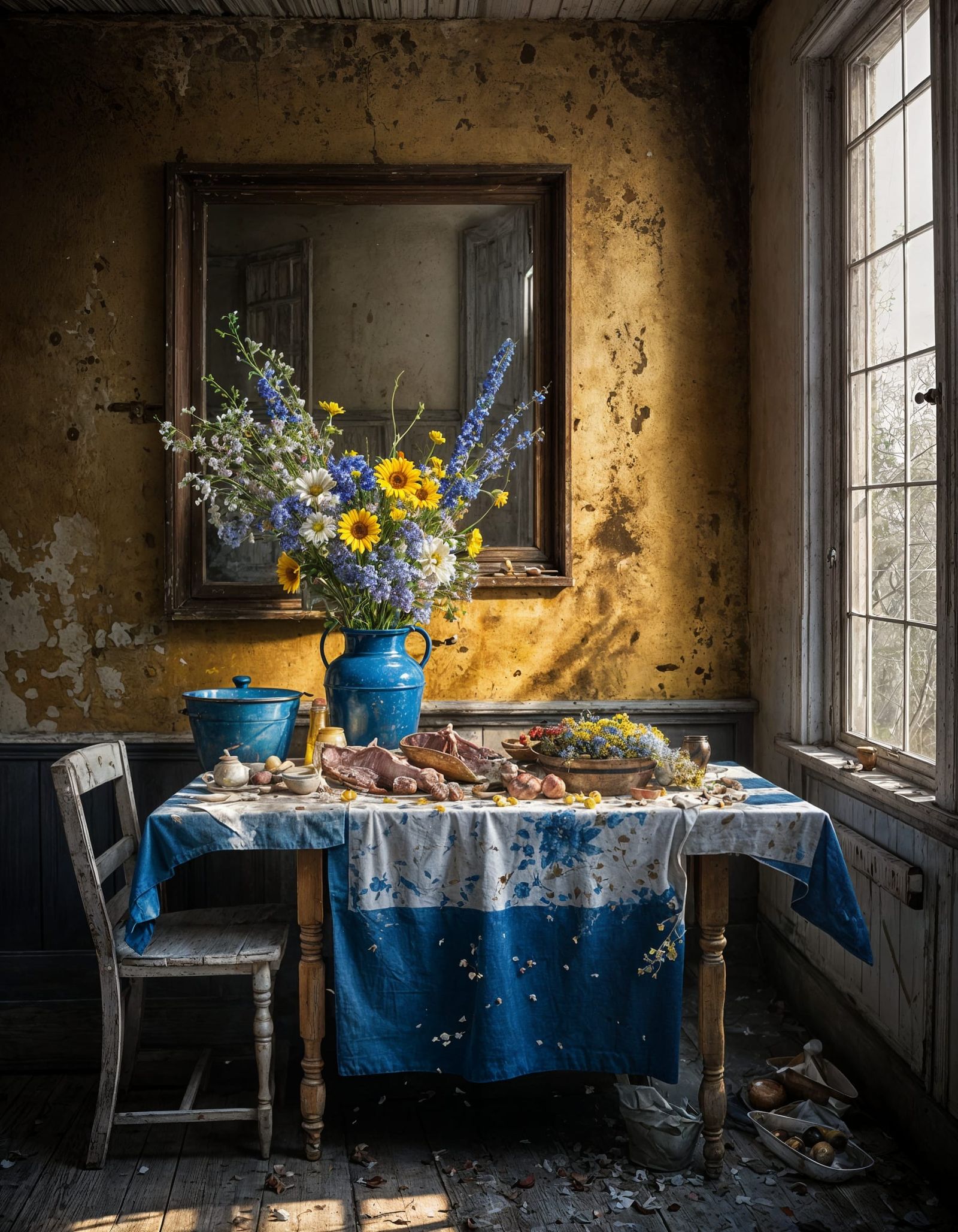 Dried Flowers on Butcher Table in Hyperrealism Style