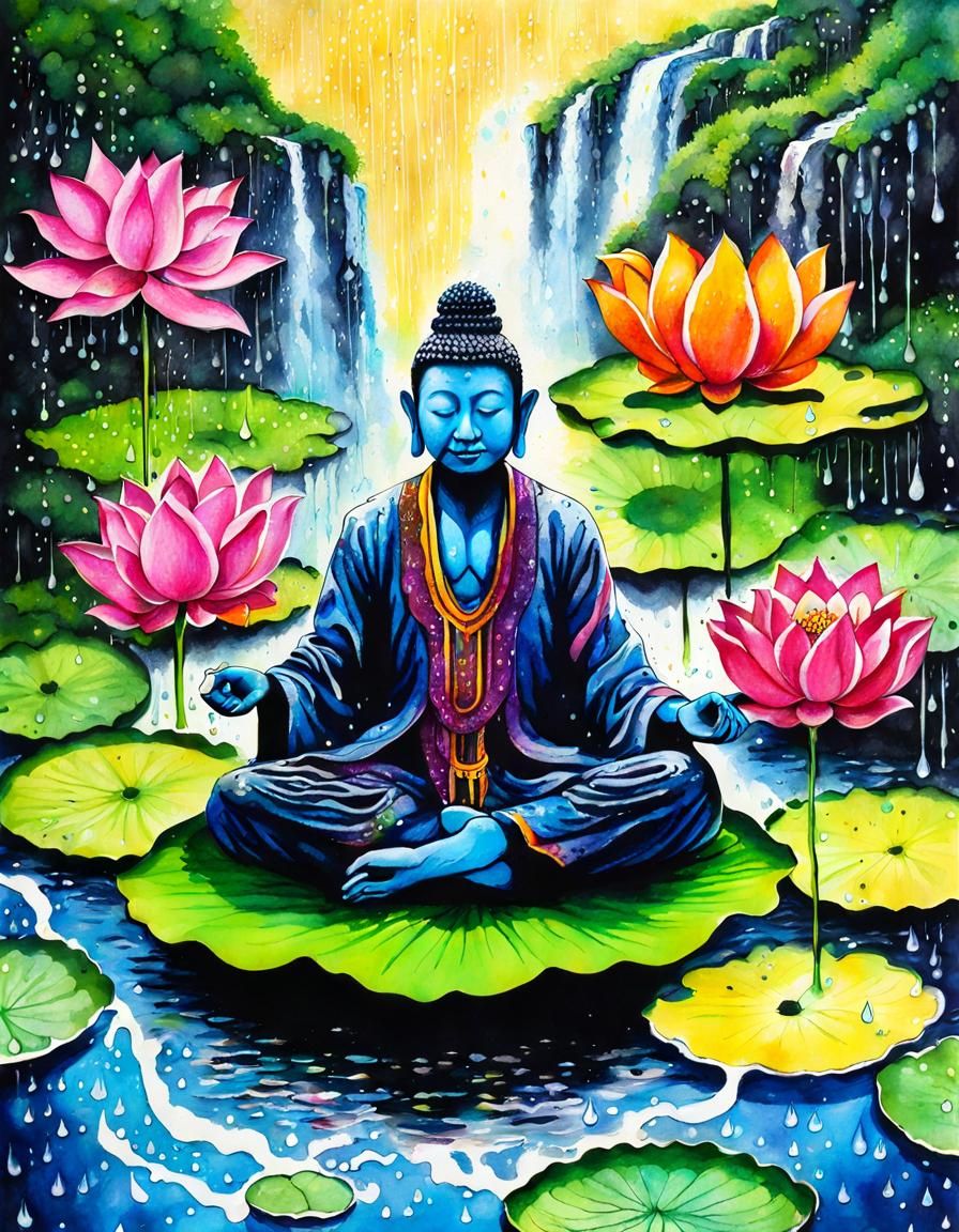 Colorful Ink Drip Art: Meditating Figure on Lotus
