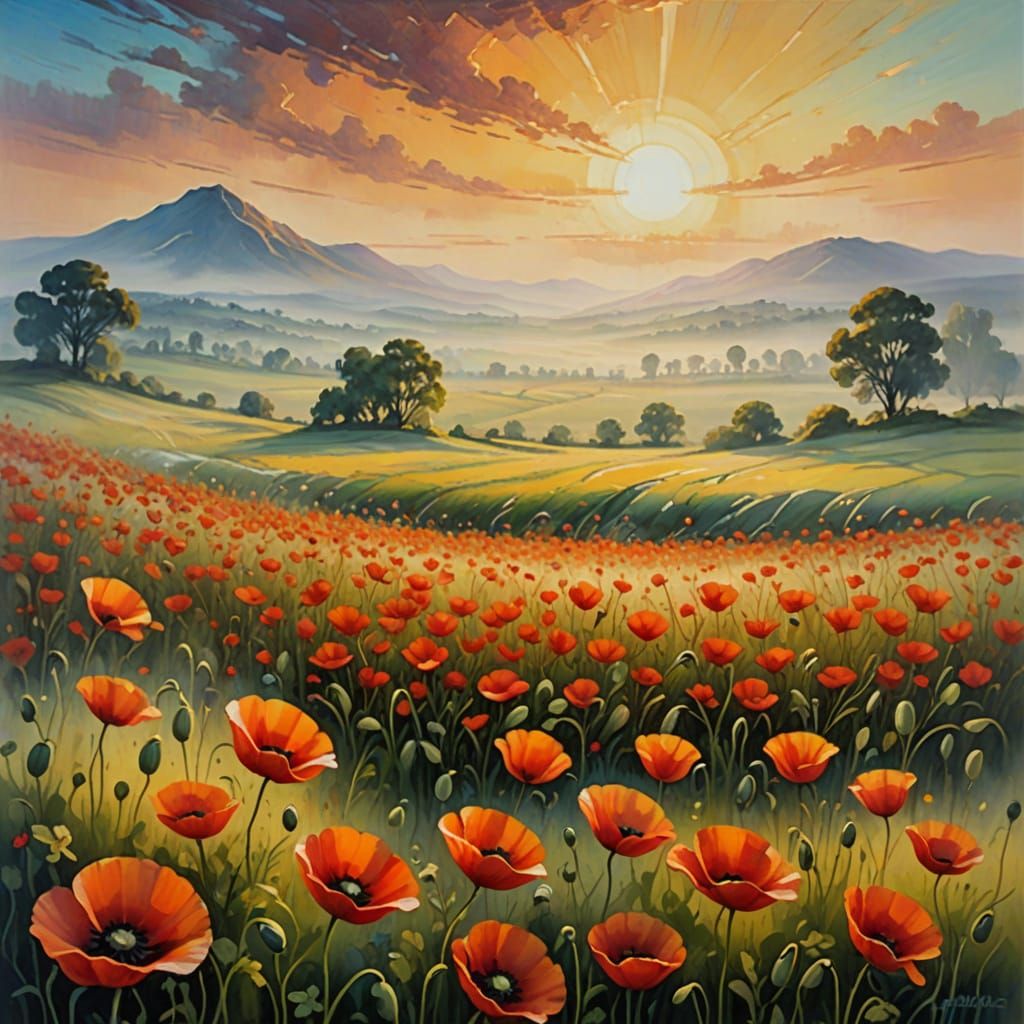 Dreamy Poppy Field: A Surrealist Oil Painting