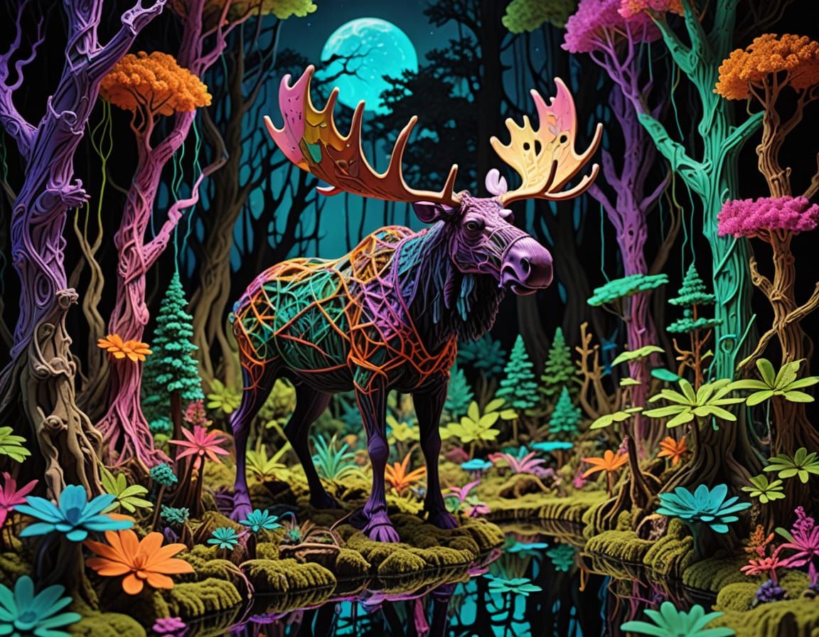 Whimsical Collage: Moose in Blacklight Forest