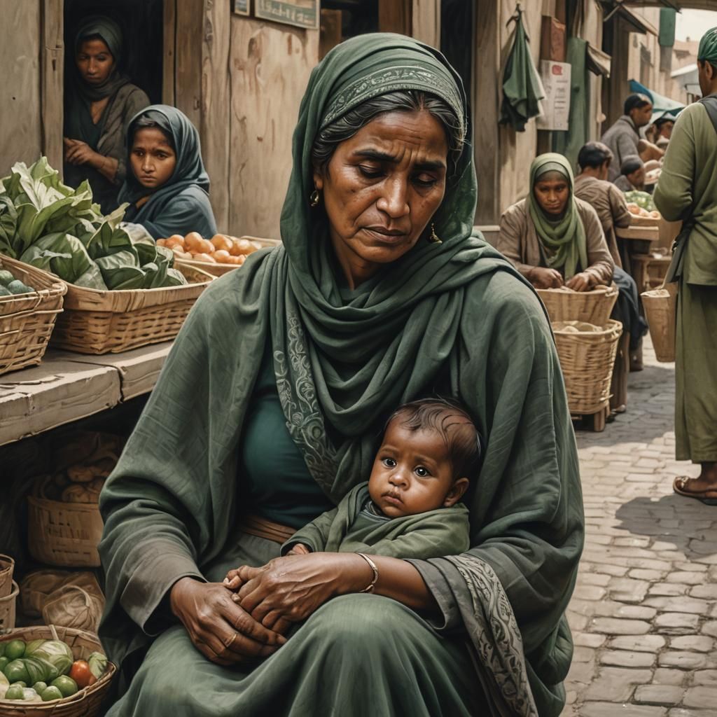 Roma Woman with Child: Charcoal Drawing in Social Realism