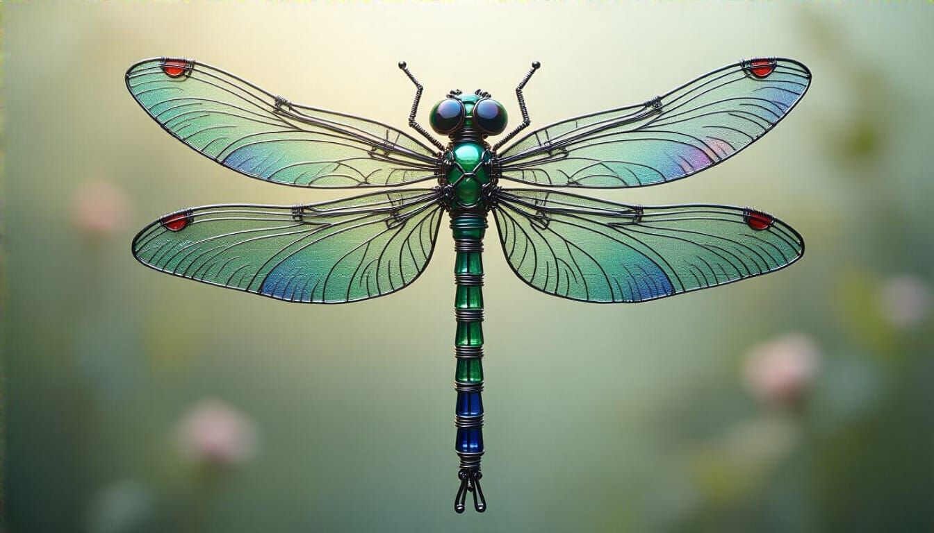 Iridescent Beaded Dragonfly Sculpture in Digital Art Style