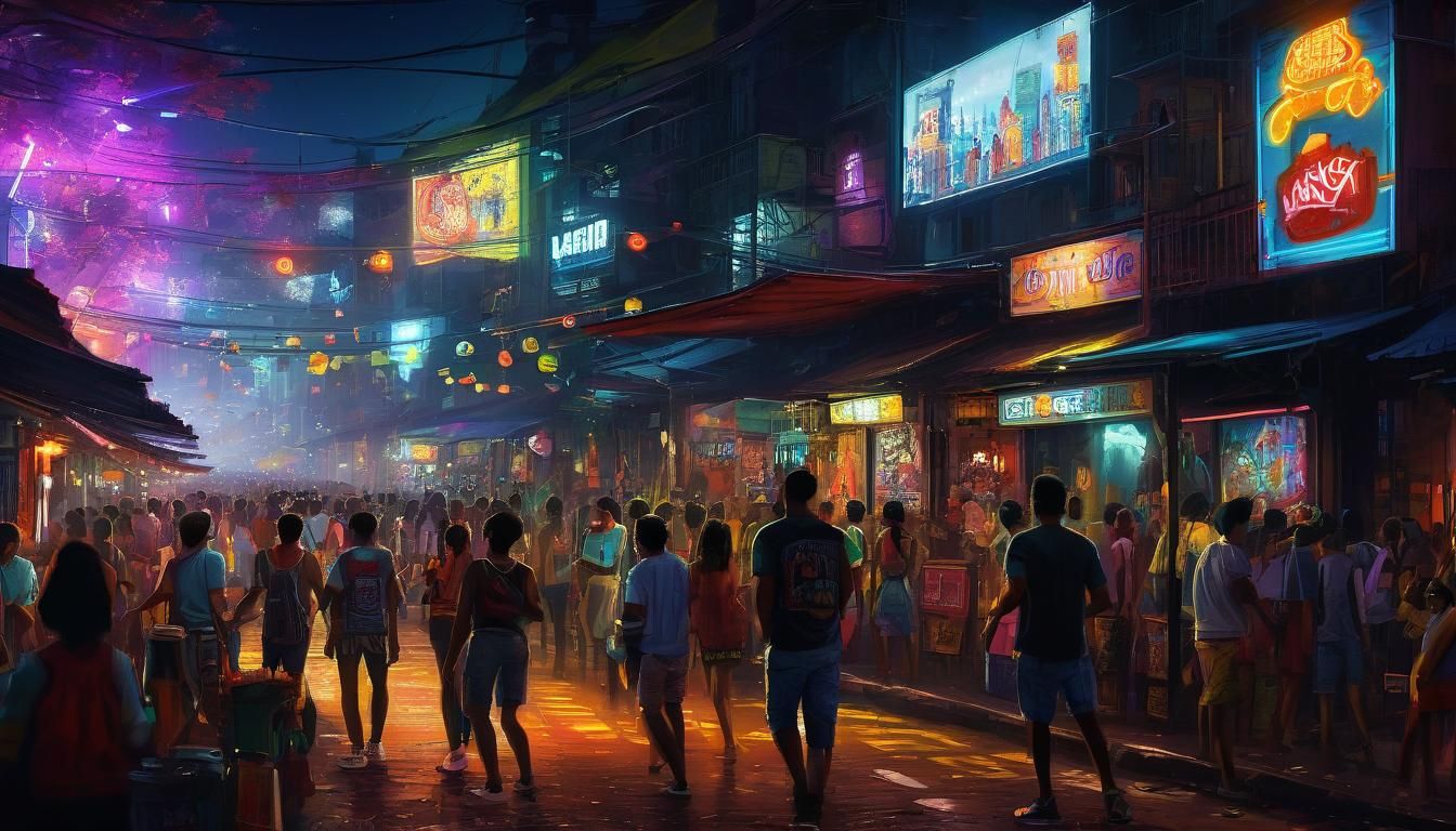 Vibrant Street Party Digital Painting in Pixacao Style