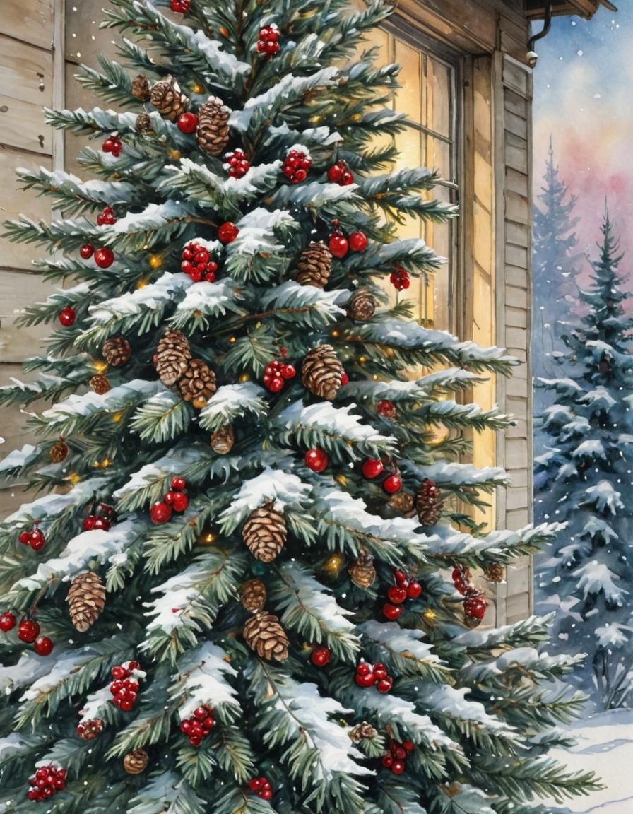 Snowy Christmas Tree Watercolor Painting with Lights
