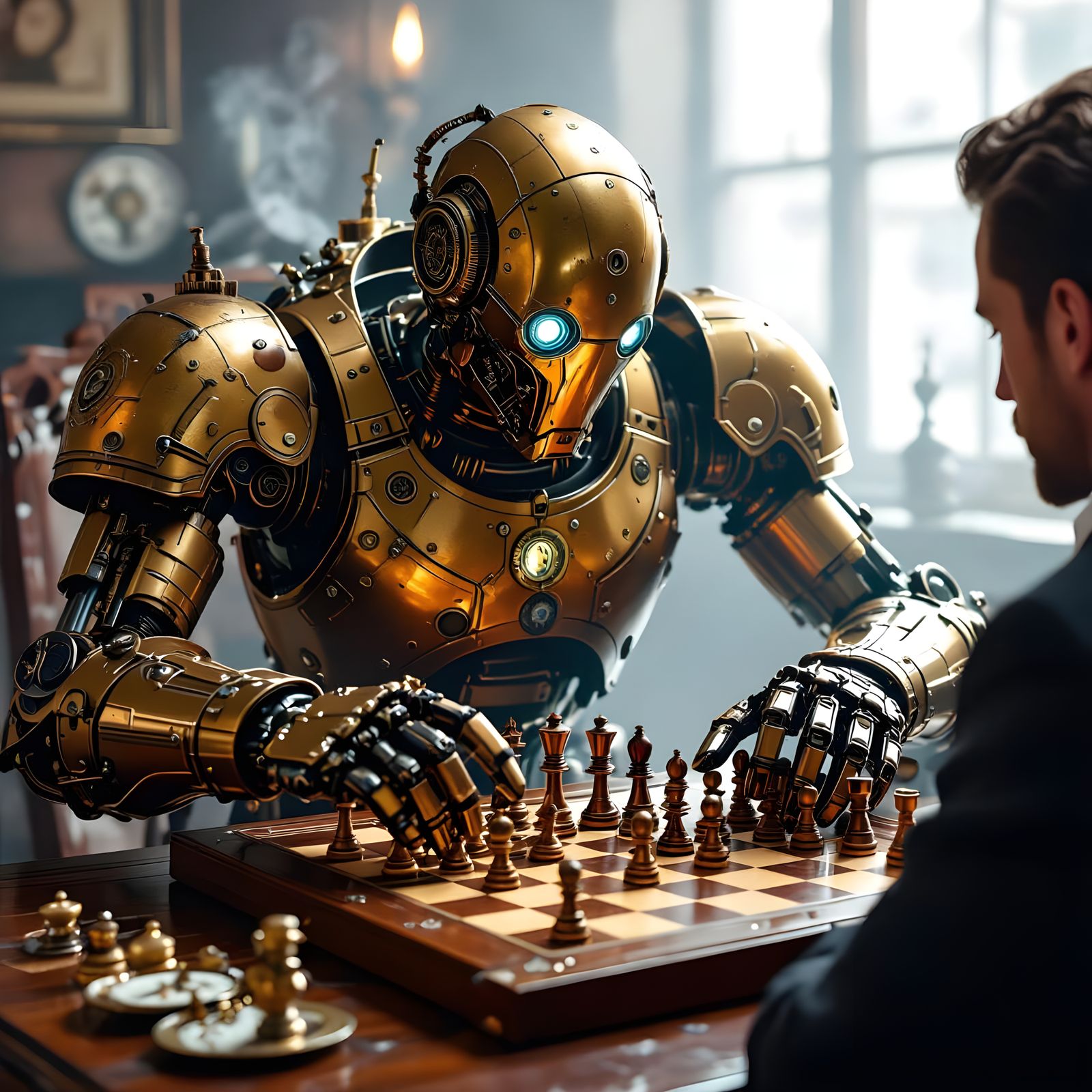 Steampunk Automaton Chess Match, Matte Painting Style